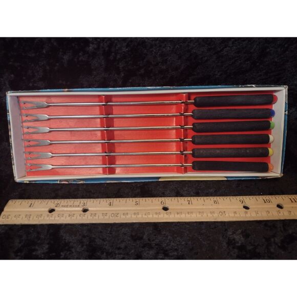 Vintage Set of 6 MCM Black Wood Handle Stainless Fondue Forks 1960s 70s Japan - Picture 2 of 8